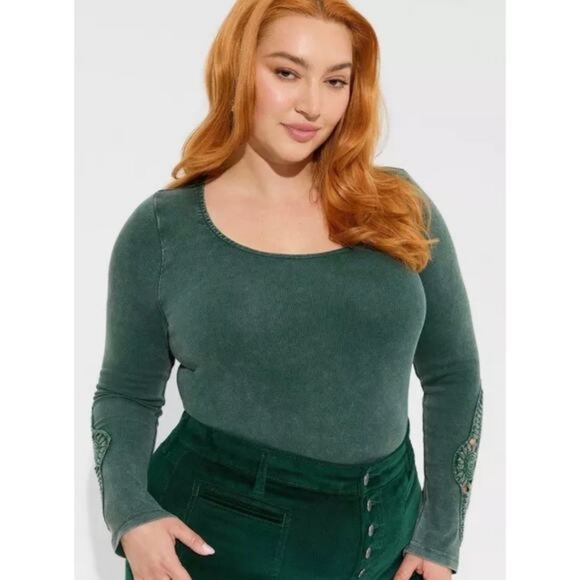 Torrid Cotton Modal Scoop Neck Ribbed Crochet Long Sleeve Top Size 2 - Picture 1 of 8